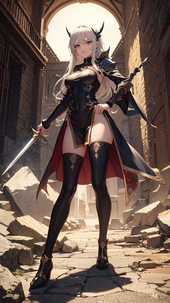 (masterpiece, 4K ,Super detailed:1.2), (anime:1), (Perfect quality), (anger), The whole body is shown, View Viewer, Holding a longsword, Adult women, tall, Full Body Art, Knight's full plate decorated armor, Silver Cape, Perfect detail, Desperate look, Ultra violent women, Powerfully々And, Muscular