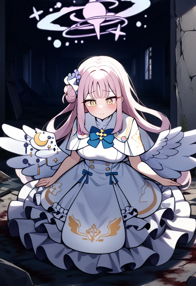 (1girl:1.8), solo, full body,highres,mika_\(blue_archive\),white_wings,feathered_wings,hair_flower,large_breasts,angel_wings,white_dress,low_wings, glaring eyes, emerged, menacing, mysterious, abandoned, historic, collapsed building, deserted, dripping_blood_from_eyes, red sky, looking at camera