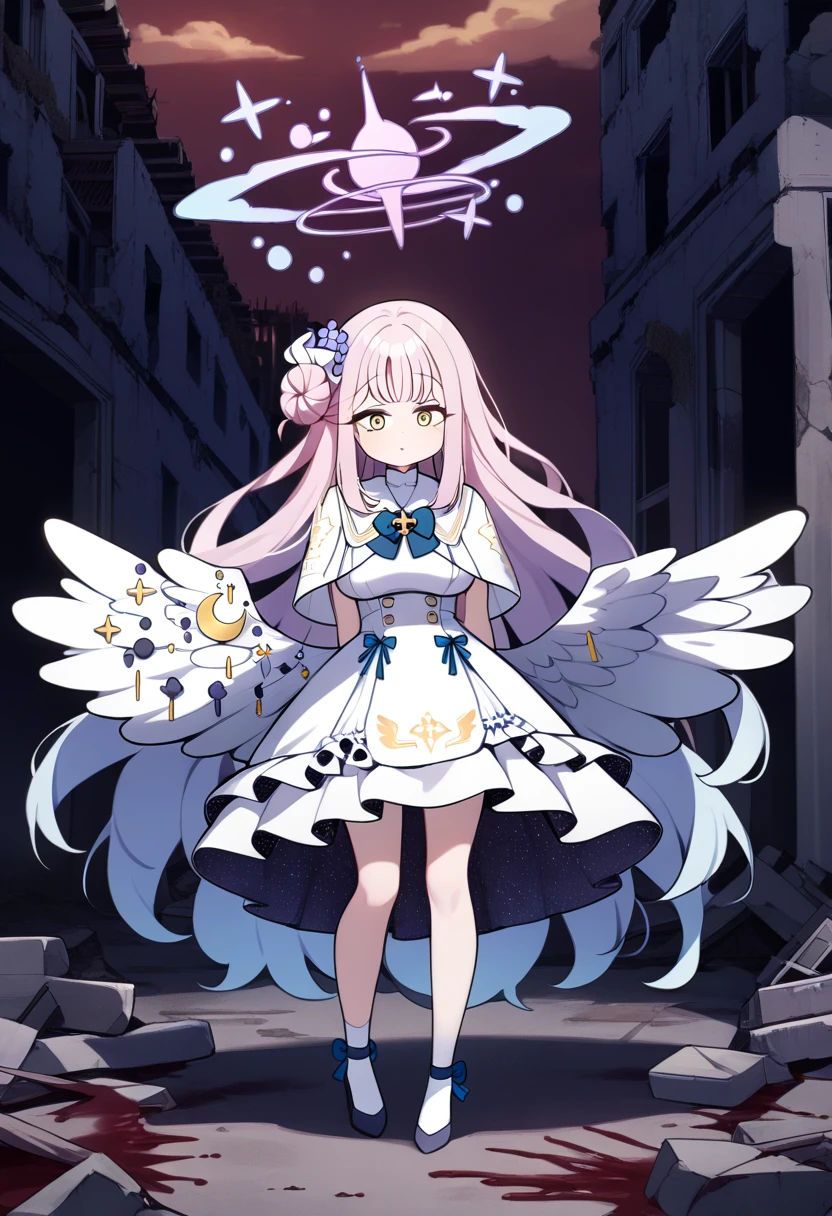 (1girl:1.8), solo, full body,highres,mika_\(blue_archive\),white_wings,feathered_wings,hair_flower,large_breasts,angel_wings,white_dress,low_wings, glaring eyes, emerged, menacing, mysterious, abandoned, historic, collapsed building, deserted, dripping_blood_from_eyes, red sky, looking at camera