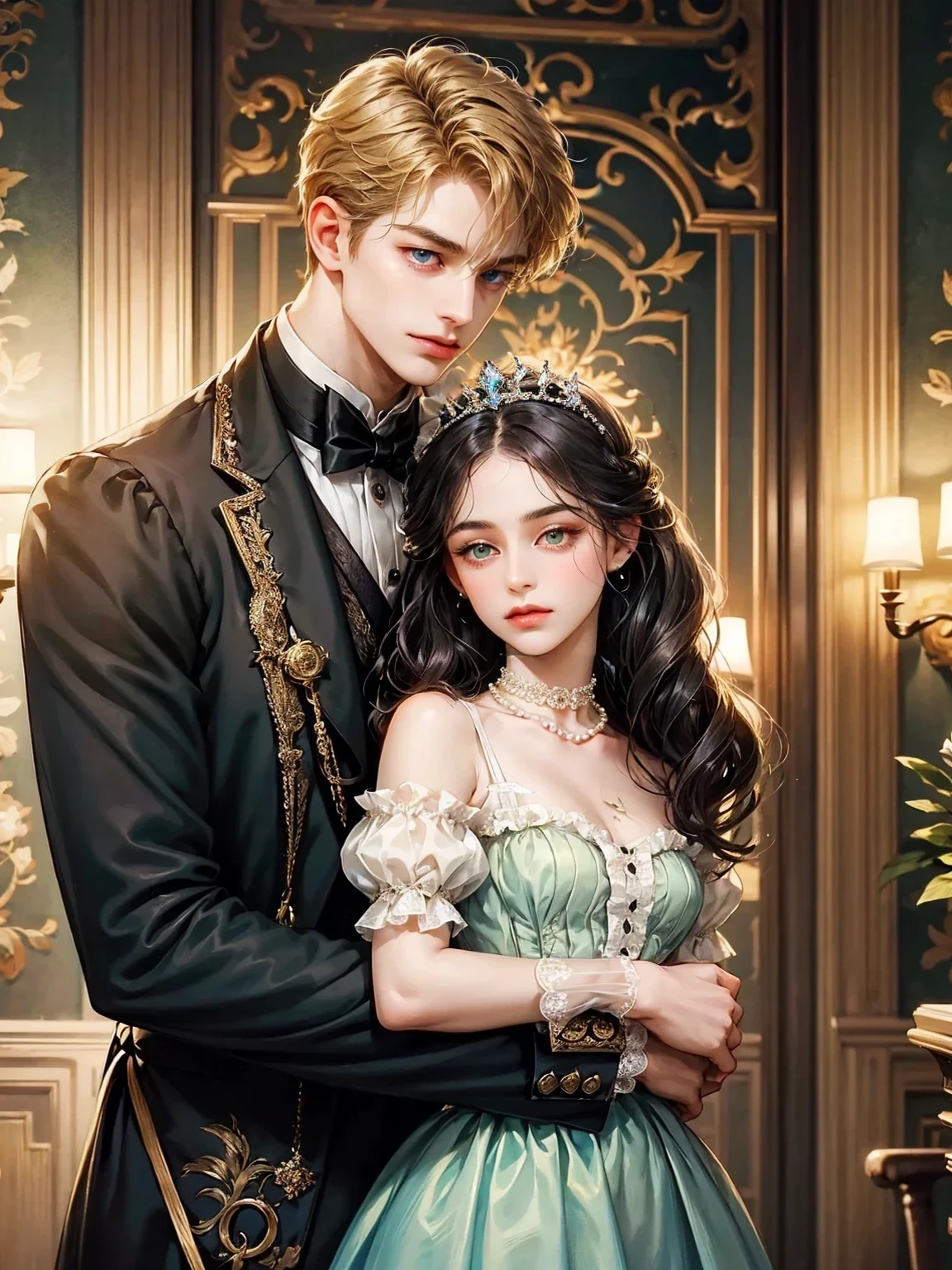 The girl has black hair. She is wearing a tiara in her hair