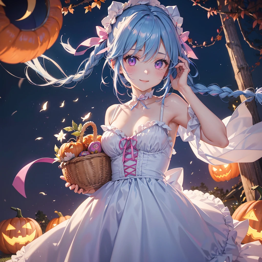 (Light blue medium hair),(Braided hair tied together)、Pink eyes、Fair skin、cowboy shot、Halloween、The background is a pumpkin ghost、Crescent Moon、Trick or Treat、A lot of sweets、witch、Halloween night、Candy、A surprising smile、solo、(masterpiece、Highest quality、Very detailed、Best Shadow)、(Detailed Background)、(Beautifully detailed face)、High contrast、(Best lighting、Very delicate and beautiful)、(Cinematic Light)、colorful、Hyper Detail、Dramatic Light、Exquisite detail、