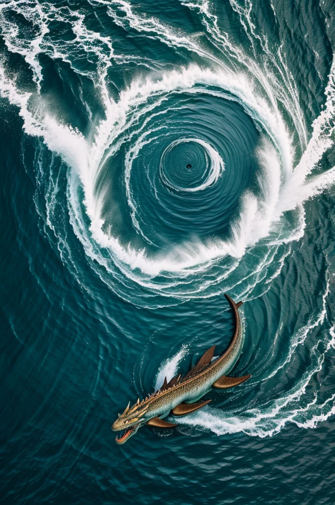 Draw a dragon in the sea making a whirlpool in the water