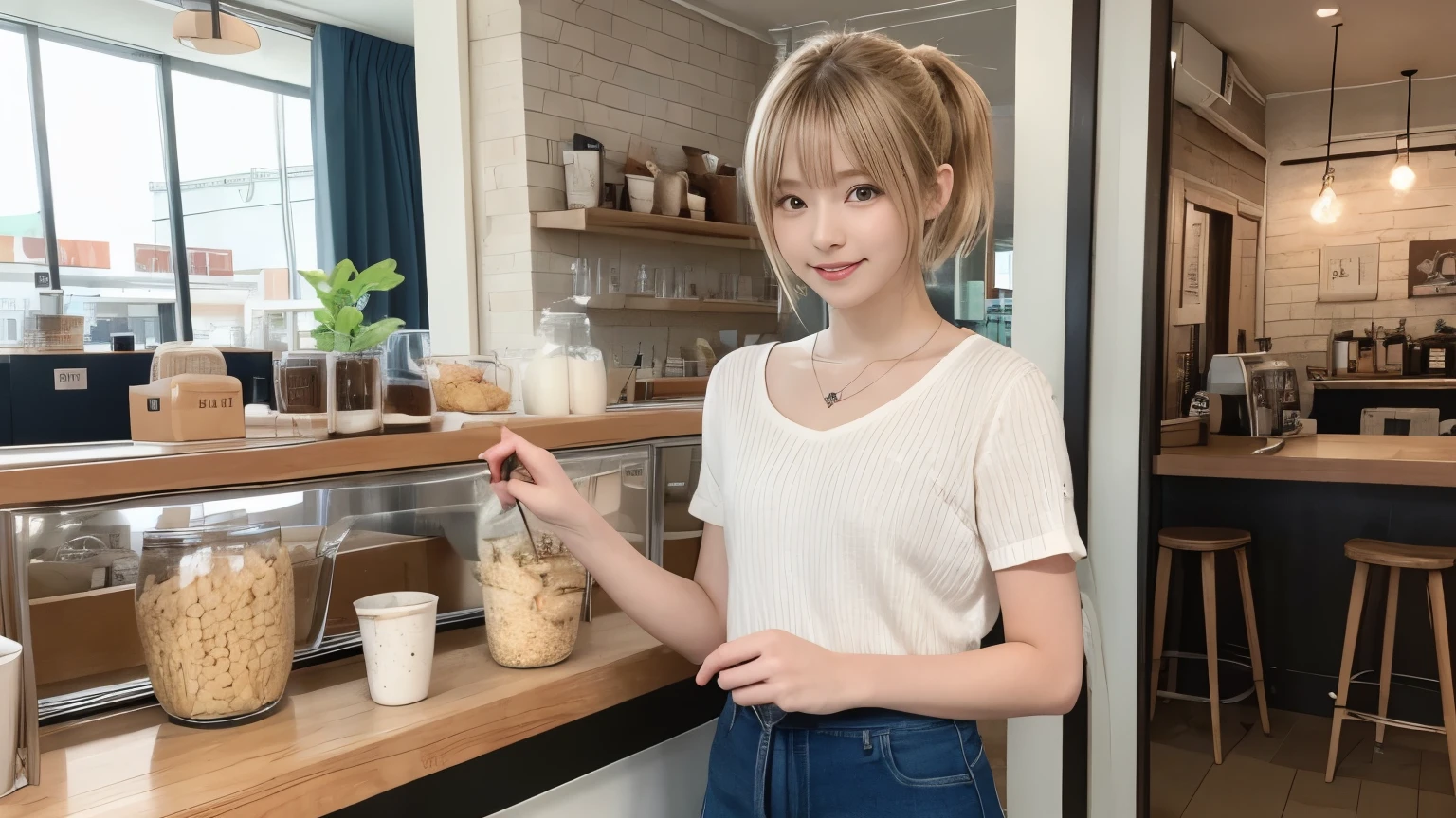 super high quality, Slenderのネックレス, Slender, Gravure photoshoot, The staff is working at the counter in the back., (8k、RAW Photos、Highest quality、masterpiece:1.2), Japanese Idol, Stylish café, (Realistic、Photorealistic:1.37), Urban Cafe, Golden Ratio, Raw photo, Cute face , Small breasts, Bright cafe interior, Blurred Background, Blonde hair, Summer clothes, Photographed inside the cafe, Neat clothes, ponytail, Very Short Hair, 18-year-old, Stylish clothes, 
