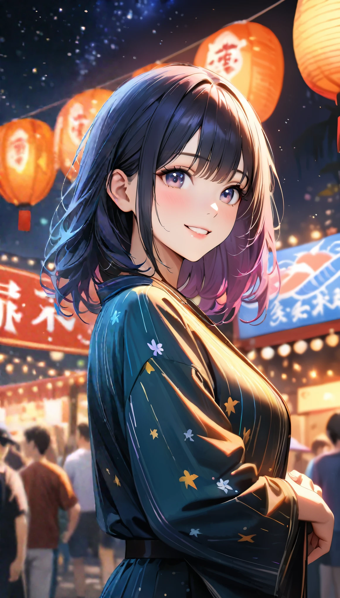 Young woman enjoying the summer festival,night, Starry Sky,Cute Yukata,Gazing at the sky,Blur the background,high school girl,smile,Highest quality, 8k, High resolution, masterpiece:1.2, Very detailed, Realistic:1.37, High resolution, 超High resolution, Ultra-fine painting, Very detailed, Professional, Vibrant colors