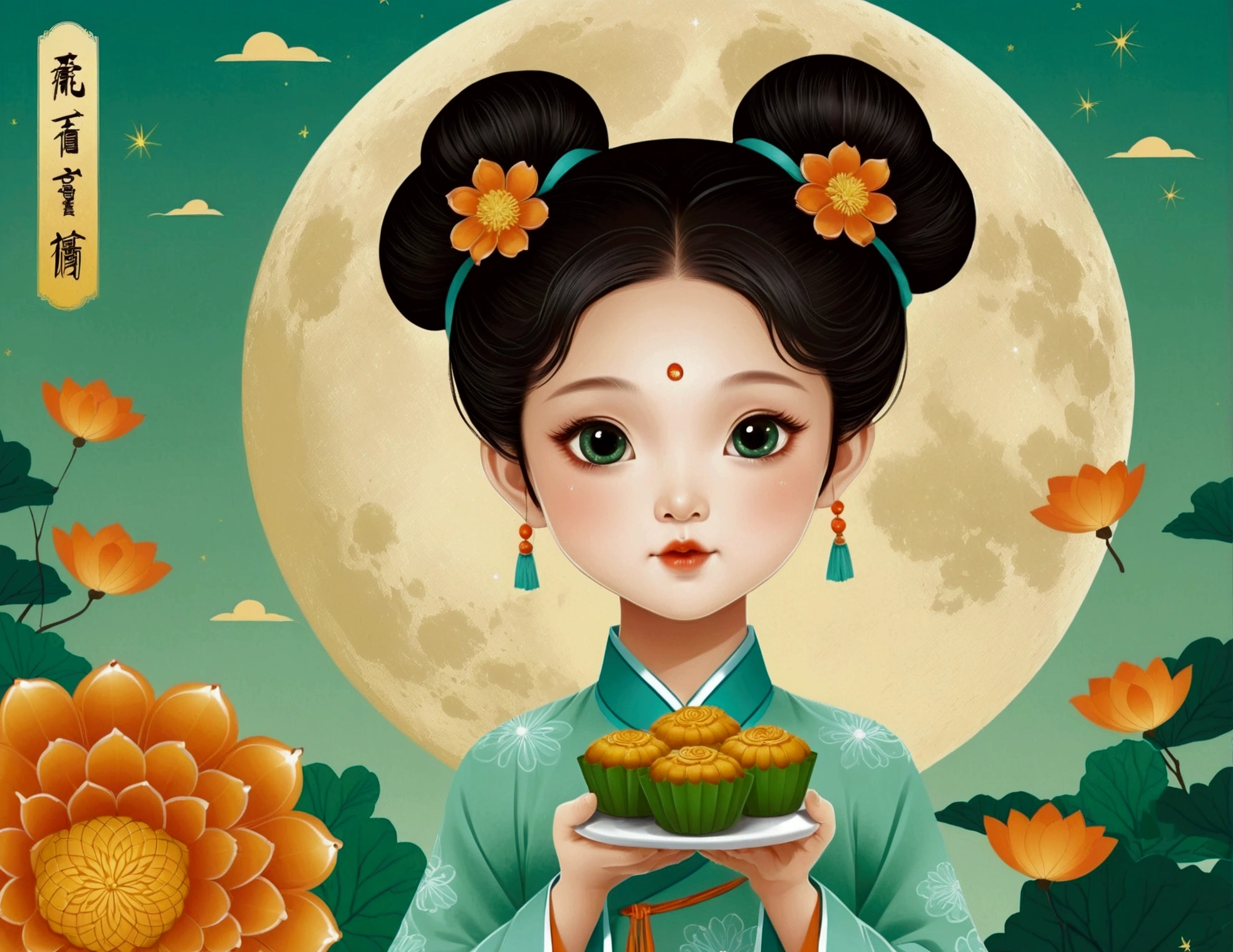 Mid-Autumn Festival poster design，Cute little girl，Cyan and Green，Lots of flying mooncakes，moon，orange color，big eyes，Cute expression，Two hair buns，cheongsam，Cartoon，Fresh，romantic，Simplicity，Modern design