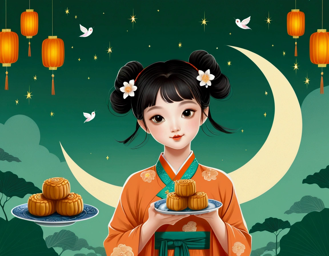 Mid-Autumn Festival poster design,Cute ,Cyan and Green,Lots of flying mooncakes,moon,orange color,big eyes,Cute expression,Two hair buns,cheongsam,Cartoon,Fresh,romantic,Simplicity,Modern design