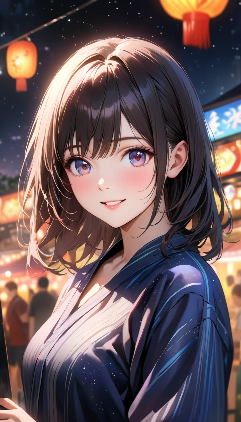 Young woman enjoying the summer festival,night, Starry Sky,Cute Yukata,Gazing at the sky,Blur the background,high school girl,smile,Highest quality, 8k, High resolution, masterpiece:1.2, Very detailed, Realistic:1.37, High resolution, 超High resolution, Ultra-fine painting, Very detailed, Professional, Vibrant colors