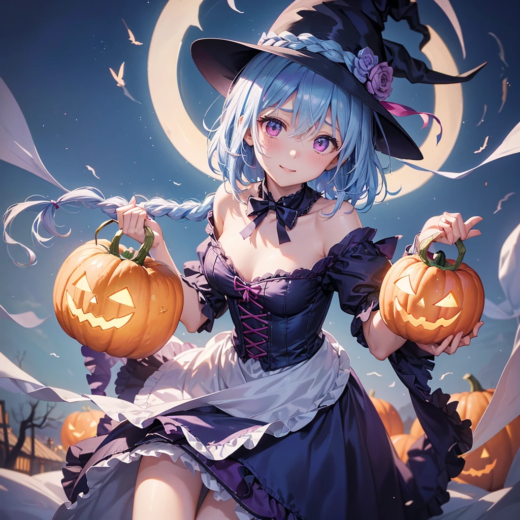 (Light blue medium hair),(Braided hair tied together)、Pink eyes、Fair skin、cowboy shot、Halloween、The background is a pumpkin ghost、Crescent Moon、Trick or Treat、A lot of sweets、witch、Halloween night、Candy、A surprising smile、solo、(masterpiece、Highest quality、Very detailed、Best Shadow)、(Detailed Background)、(Beautifully detailed face)、High contrast、(Best lighting、Very delicate and beautiful)、(Cinematic Light)、colorful、Hyper Detail、Dramatic Light、Exquisite detail、