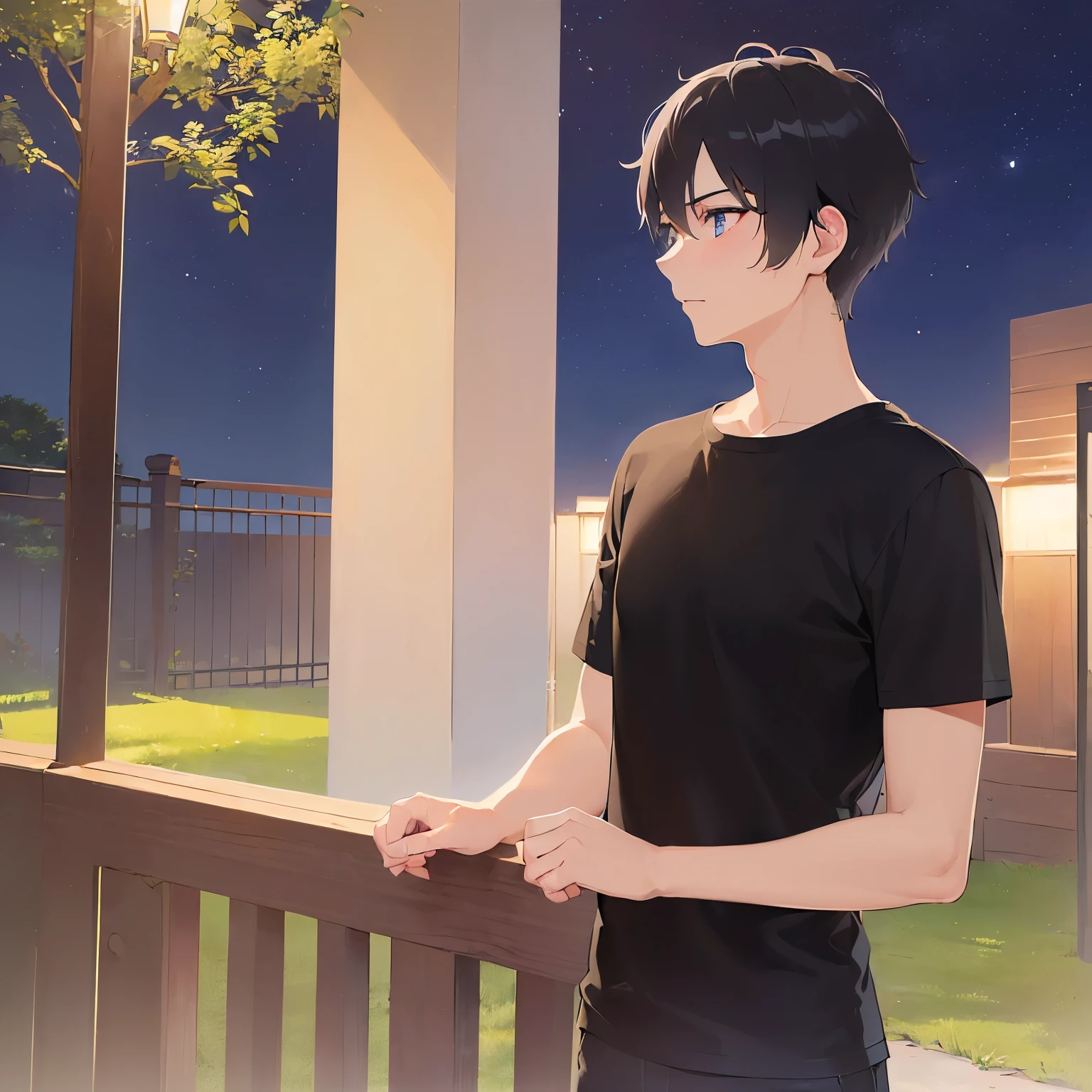 (looking away:1.5),upper body,
shiny skin, masterpiece、Highest quality、(30-year-old male:1.5) and (Black short hair) and (blue eyes)
(black) and (T-Shirts),blush、
Night Park、(Night Sky:1.5)、grass、(alone:1.5)