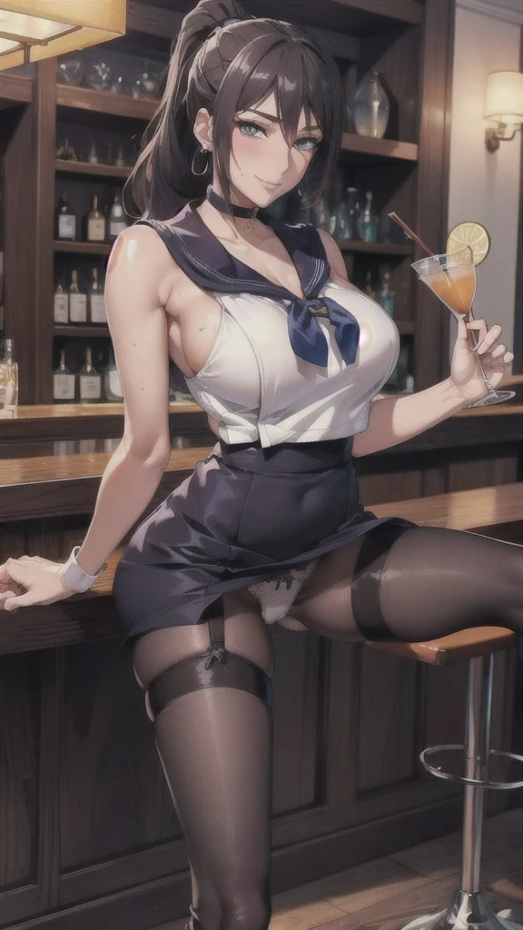 ((Correct Anatomy)),((Bar counter)),((Holding a tail glass)),((((Sailor suit)))),((Beautiful feet)),((White lace pant(A shy smile)),((mini skirt)),((Black Pantyhose))ack tights)),((garter belt)),((high school girl)),Ultra-high resolution,Mature Woman, Maoman, Very detExtremely fine skin,Beautiful Skin,((Sweating all over the body)),(Big Breasts),((Beautiful leg hands, Detailed fingers, Beautiful details, ((Long Hair)),((ponytail)),Black choker, Earrings,loafers,Luxury,Perfect Eyes, Captivating eyes