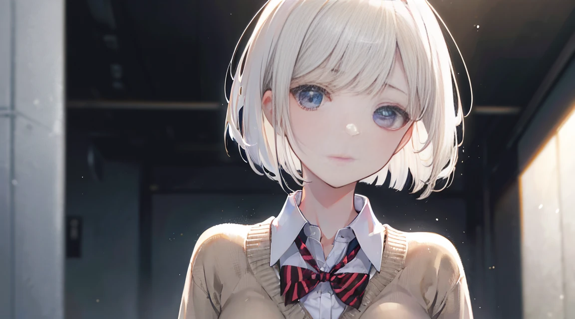 (Bob Cut Hair, Platinum Blonde Hair:1.2),(Wear a cardigan over a collared shirt:1.2),1 girl,Japanese,21 years old,(Small breasts:1.3),(Highest quality,masterpiece:1.3,超A high resolution,),(Ultra-detailed,Caustics),(Photorealistic:1.4,RAW shooting,)Ultra-Realistic Capture,Very detailed,High resolution 16K human skin close-up。 Natural skin texture、,Pores、、It needs to be detailed enough to be easily identifiable。 Skin should be even-toned and healthy looking。 Use natural light and colour, Sad expression, Looking at the camera, Perfect dynamic composition, Outdoor