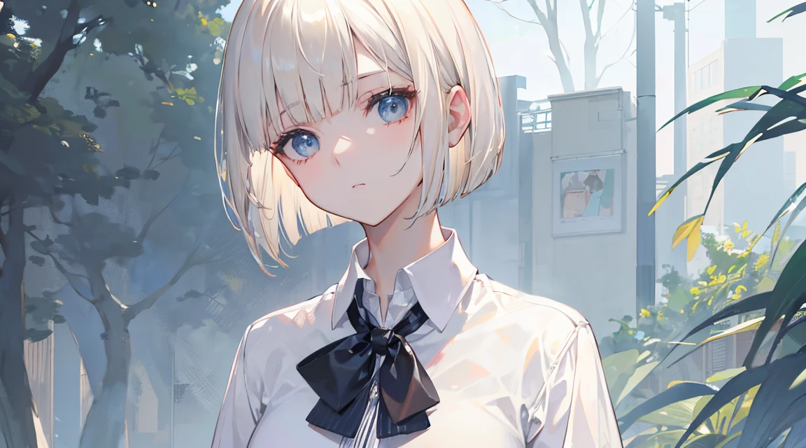 (Bob Cut Hair, Platinum Blonde Hair:1.2),(Wear a cardigan over a collared shirt:1.2),1 girl,Japanese,21 years old,(Small breasts:1.3),(Highest quality,masterpiece:1.3,超A high resolution,),(Ultra-detailed,Caustics),(Photorealistic:1.4,RAW shooting,)Ultra-Realistic Capture,Very detailed,High resolution 16K human skin close-up。 Natural skin texture、,Pores、、It needs to be detailed enough to be easily identifiable。 Skin should be even-toned and healthy looking。 Use natural light and colour, Sad expression, Looking at the camera, Perfect dynamic composition, Outdoor