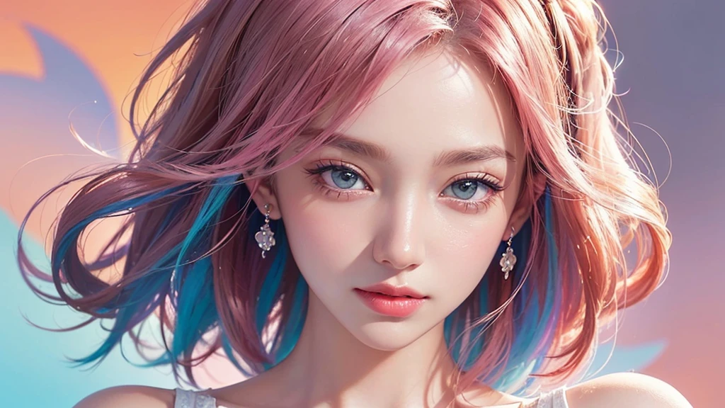 One girl, alone, flower畑, flower, (Official Art, unity 8k wallpaper, Super detailed, beautifully、aesthetic, masterpiece ,Highest quality:1.3), (Dynamic Angle:1.2), (Floating colorful sparkles:1) , elegant, Vibrant colors, Highly detailed face, Detailed eyes, Glowing Skin, Glossy Lips , Pale pink and pale orange background, Pink Hair,