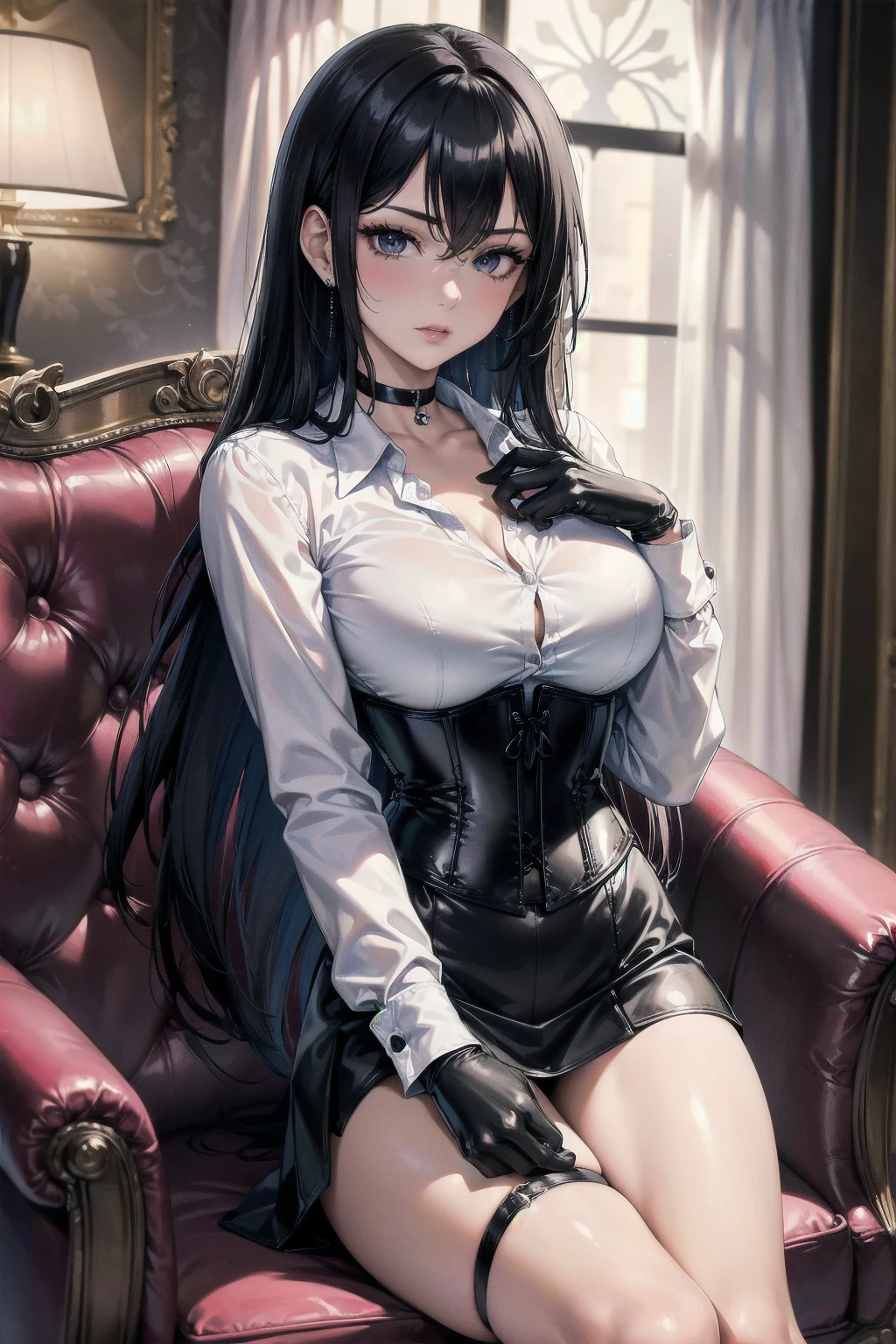 (8K, Best Quality, Masterpiece, Ultra High Resolution) Single Person, 1 Woman, Cute Eyes, Face Details, Pale Skin, Slender, Black Hair, Long Hair, Hazel Eyes, Corset Top, Leather Pants, Sitting at Desk, Estate, Best Quality, Upper Body, Looking at the Viewer, Facing Viewer, Close Up