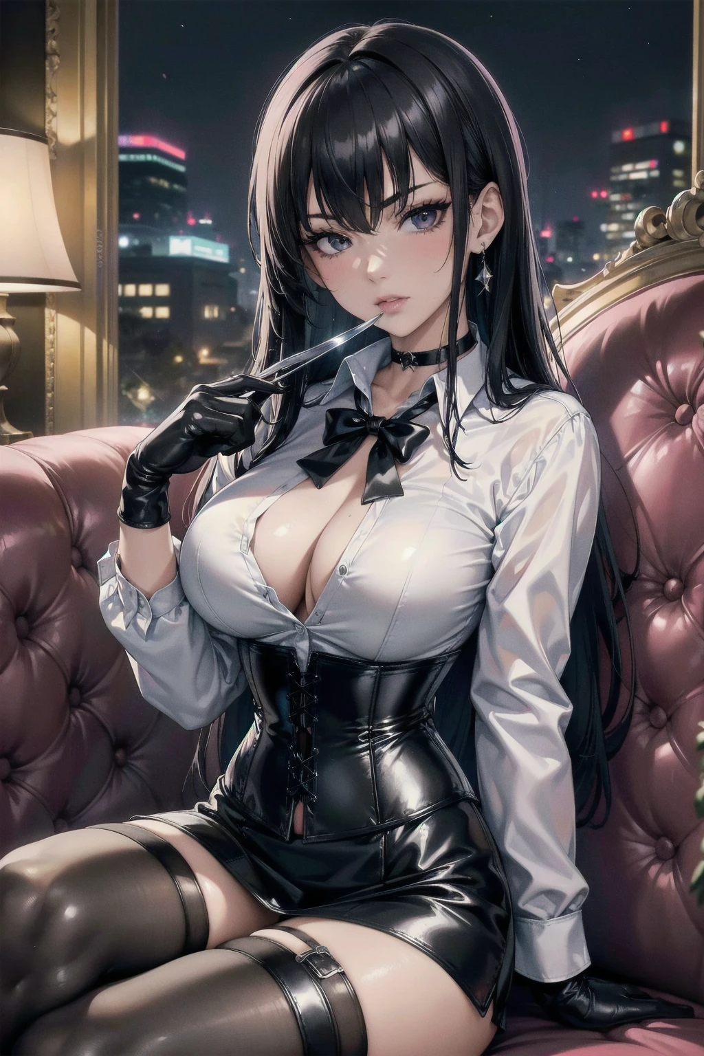 masterpiece, Superior image quality, High resolution, 4k image,photo and gross, photorealistic, whole body, 1 young teen girl, sitting, {{{vagina}}}, beautiful face, long black hair, black eyes, very detailed eyes, pink cheeks, serious expression, choker:1.6, (white collar button down long sleeve shirt), black gloves, gloves that cover hands, holds a glass of wine, (black leather corset), (shiny black miniskirt), Sensual Lips, show details in the eyes, View from the front, looking at the viewer, sitting en una silla elegante, Elegant living room, at night