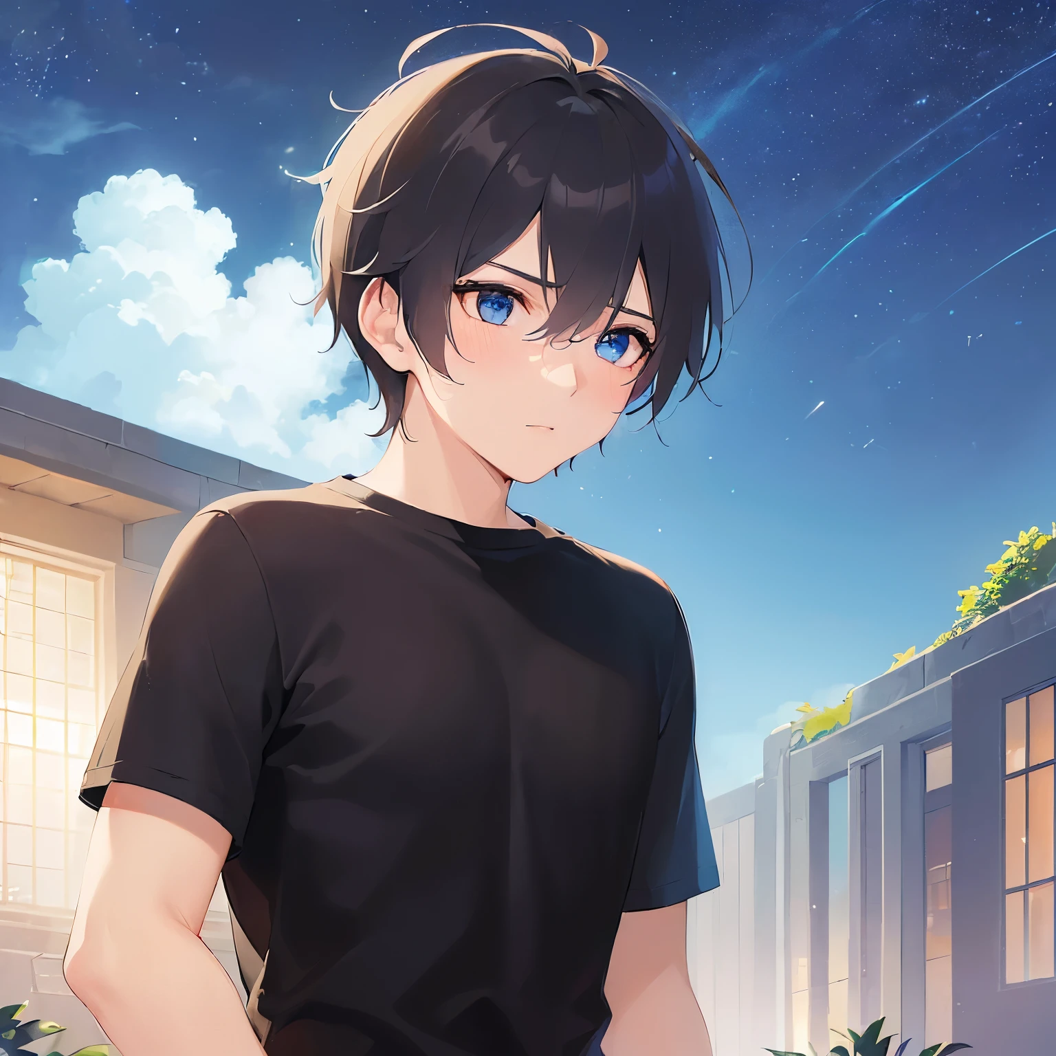 (looking away:1.5),upper body,
shiny skin, masterpiece、Highest quality、(30-year-old male:1.5) and (Black short hair) and (blue eyes)
(black) and (T-Shirts),blush、
Night Park、(Night Sky:1.5)、grass、(alone:1.5)