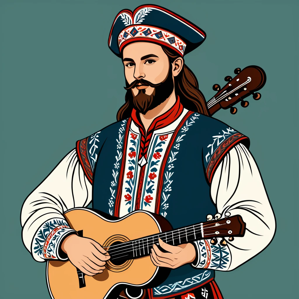 hungarian bard in nordic folk outfit, vector graphics, strong contours