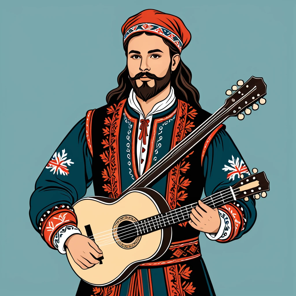 hungarian bard in nordic folk outfit, vector graphics, strong contours
