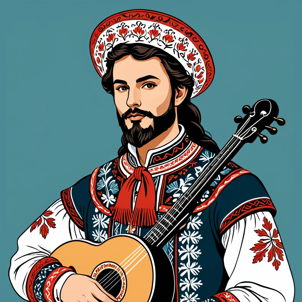 hungarian bard in nordic folk outfit, vector graphics, strong contours