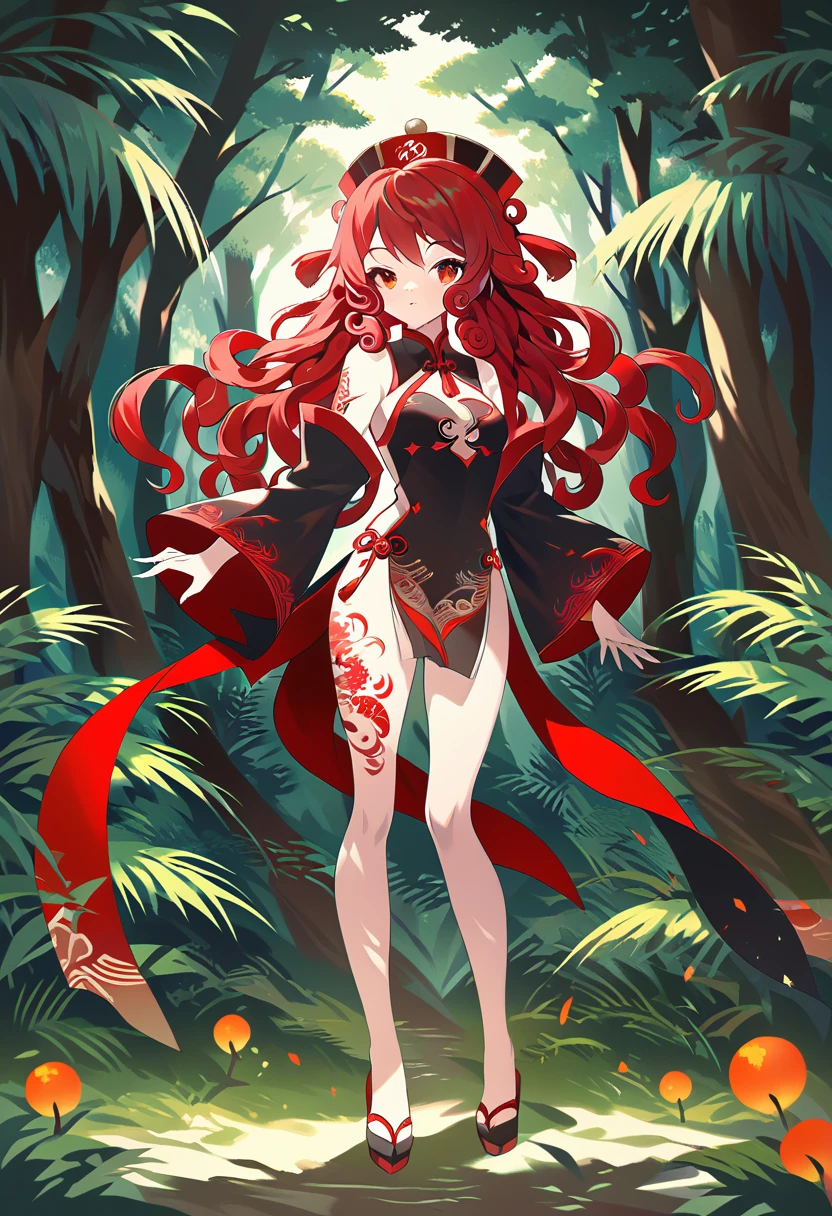 BREAK Perfect Anatomy、(High resolution:1.2)、Incredible illustrations、(Cute illustrations:1.2)、() （Beautiful background(forest)) 1 girl(Red hair, long curly hair, red eyes,tattoos, )(young adult woman:2.0)Jiangshi Chinese Dress(Full body view)