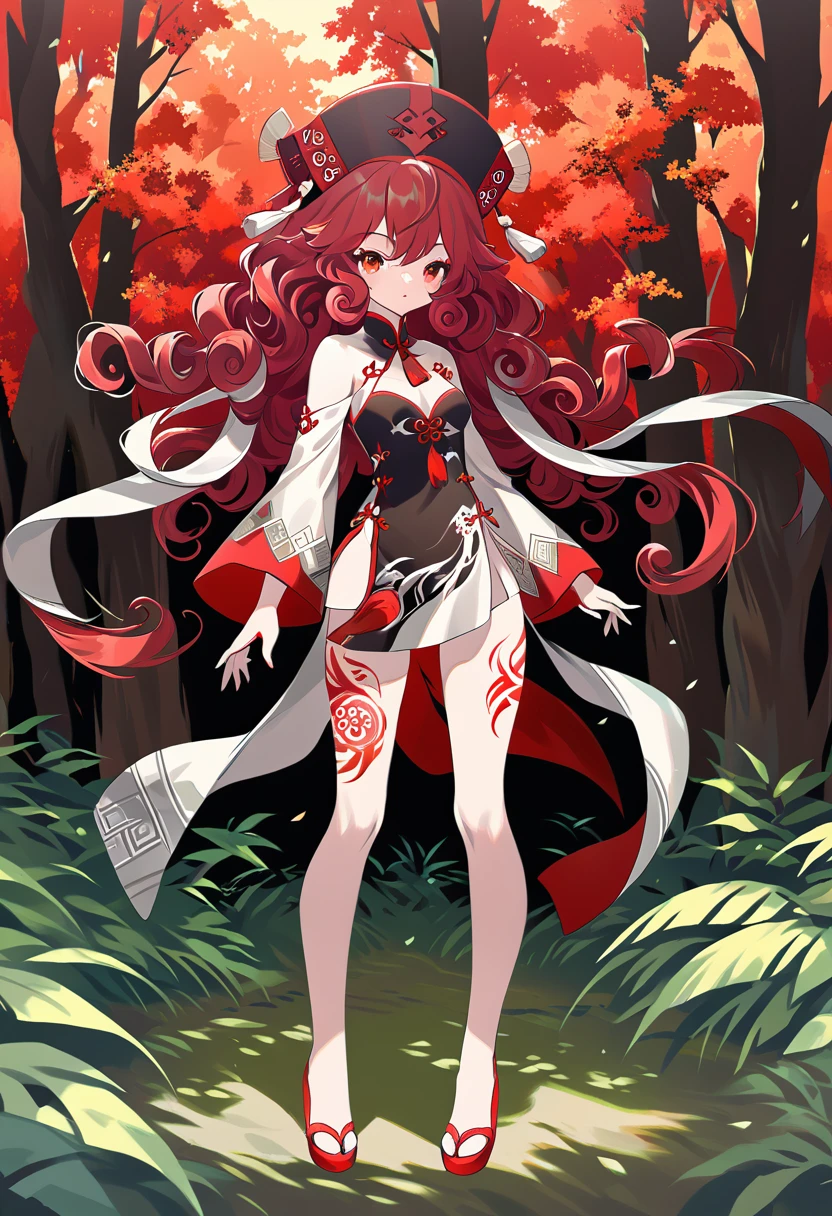 BREAK Perfect Anatomy、(High resolution:1.2)、Incredible illustrations、(Cute illustrations:1.2)、() （Beautiful background(forest)) 1 girl(Red hair, long curly hair, red eyes,tattoos, )(young adult woman:2.0)Jiangshi Chinese Dress(Full body view)