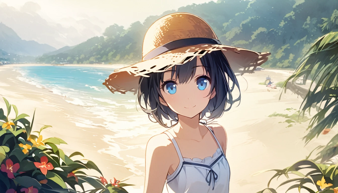 beautiful 1girl, solo, gentle smile on her face flat chest, short hair, black hair, blue eyes, Beautiful depiction,One woman、Mid summer、White sandy beach、the beach、white tank tops、a straw fedora hat