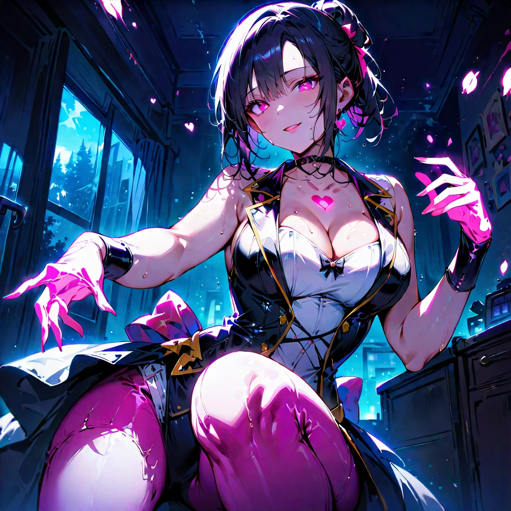 1 mature woman,(Highest quality,Extremely detailed depiction,Incredibly absurd high resolution,Anatomically accurate depiction,Nice hands, Perfect Fingers,Curvy Legs),(Glowing Skin,Glossのある肌,Oilskin),(Sexy Idol),(Idol Costumes,Cute hairstyle,tights,Choker of Hearts,boots,Gloss),eyelash,(Bright pink eyes,Sidelong glance,There is cleavage in the chest,A seductive smile,Glossのある唇,Seductive gestures),Sweat,whole body,background:Bedroom at night