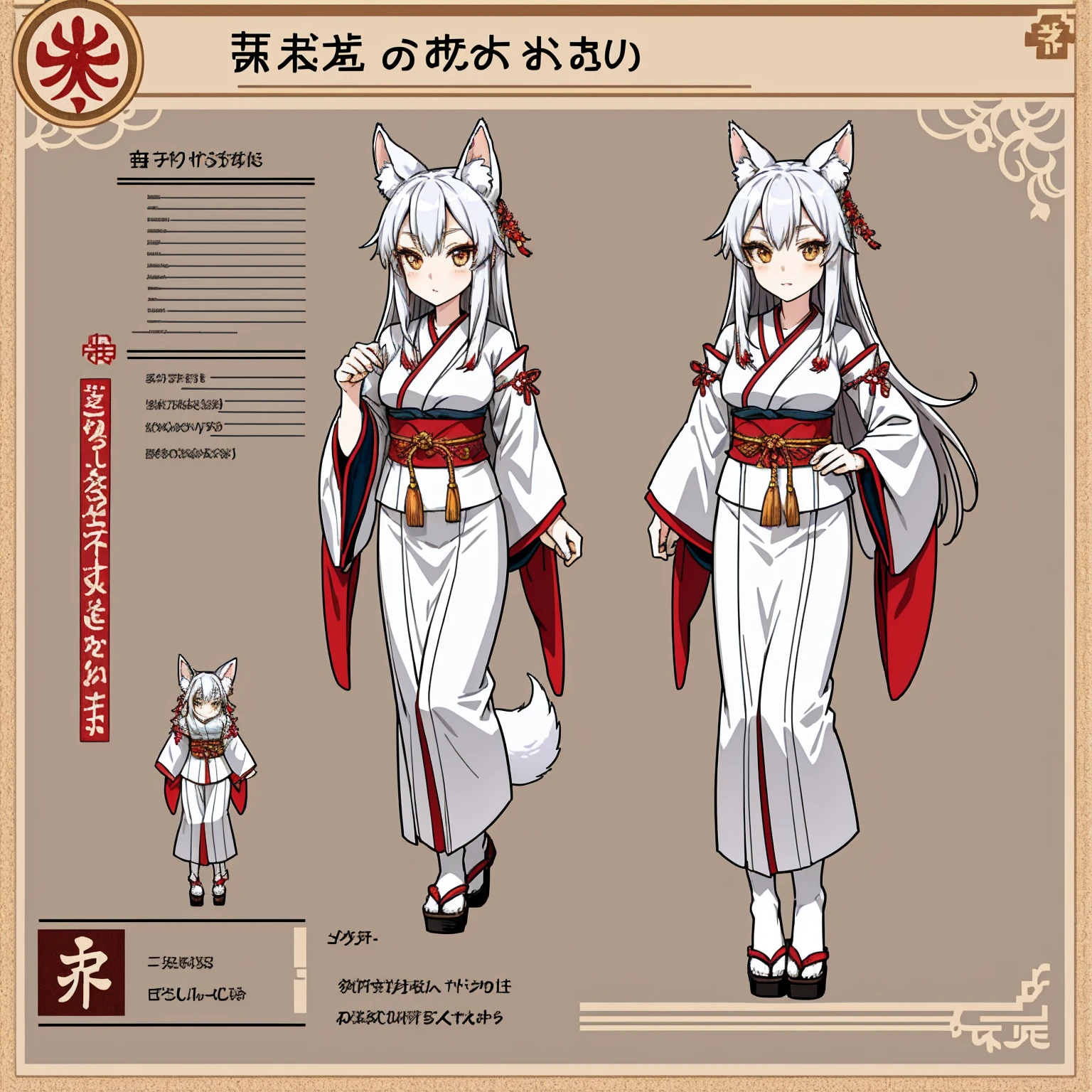 Character Sheet, A graceful wild fox girl with mostly silver hair, Japanese Shrine Maiden Costume, variation, Highest quality, pixel