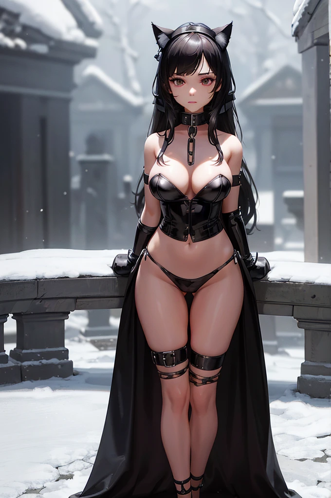 Detailed facial details,bust,,1 girl,Tape gag,Cat ear,Black long hair,Wearing a snow-white latex shirt,Large Breasts,Slim,Tied to stone pillars,Handcuffs,Collar,Radiant Skin,Gallows