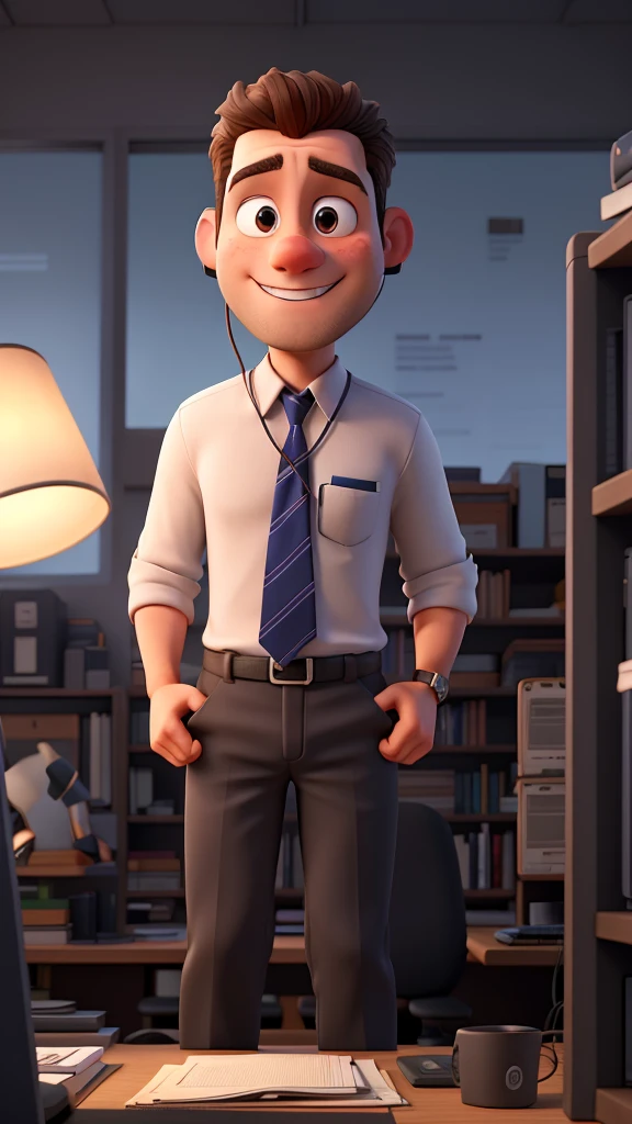 generate 4 images of a tall athletic guy working at an office desk with a computer and with headphones listening to electronic music