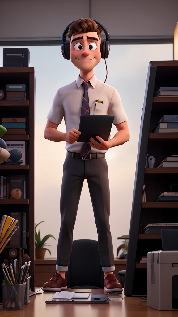 generate 4 images of a tall athletic guy working at an office desk with a computer and with headphones listening to electronic music