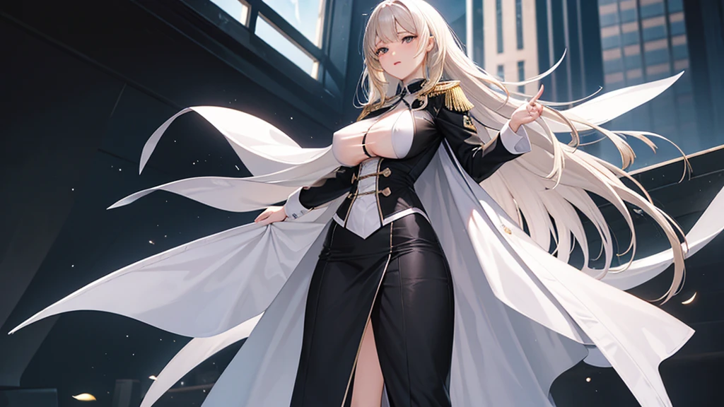 Simple Background、No background、((masterpiece))、Fantasy look、Portrait、Standing posture、Full body photo、Beautiful woman（perfection）、Blonde、Black Hair、White Hair、Long Hair、Straight Hair、fantasy uniform、futuristic 、Open-minded uniform（detailed）、See-through underwear、（Vulgar expressions）、High heels、Big Ass、Accentuated hips、Long skirt、Long coat、Open crotch、Large Breasts、Disheveled uniform、Nasty uniform、Uniform with exposed chest（detailed）、Exposed breasts、Nipples、（桃色のNipples:1.9）、Exposed breasts、20-year-old