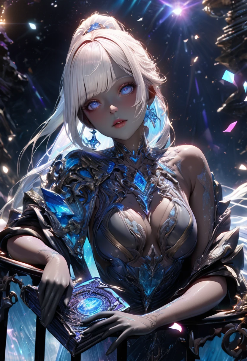 (((intricate design))) (((professional))) (((clear focus))) (((32k UHD Resolution))) (((photorealistic))) (((hyper-detail))) (((masterpiece))), ultra-realistic, a digital render, expressive eyes, perfect face, mesmerising eyes, perfectly detailed anatomy, low contrast, (((Volumetric lighting))) (((cinematic lighting))) (((sunny)) (((1female))) empyrean, empyrean being, empyrean appearance, ultra-realistic, textured skin, elegant, glamorous makeup, full body, female goddess of crystals, shattered glass, intricate design, beautiful white iridescent dress, long gloves, jewels, plastic, neon glitter, confetti, (((black skin black complexion, dark complexion, dark skin))) neon blue eyes, (((neat long straight white hair with bangs and light blue highlights))) high ponytail, white lipstick, grimoire, holding a grimoire, blue earrings, deity, neon lights, glass particles, white eyelashes, (((leaning on a fence staring into the sky))) Prismatic