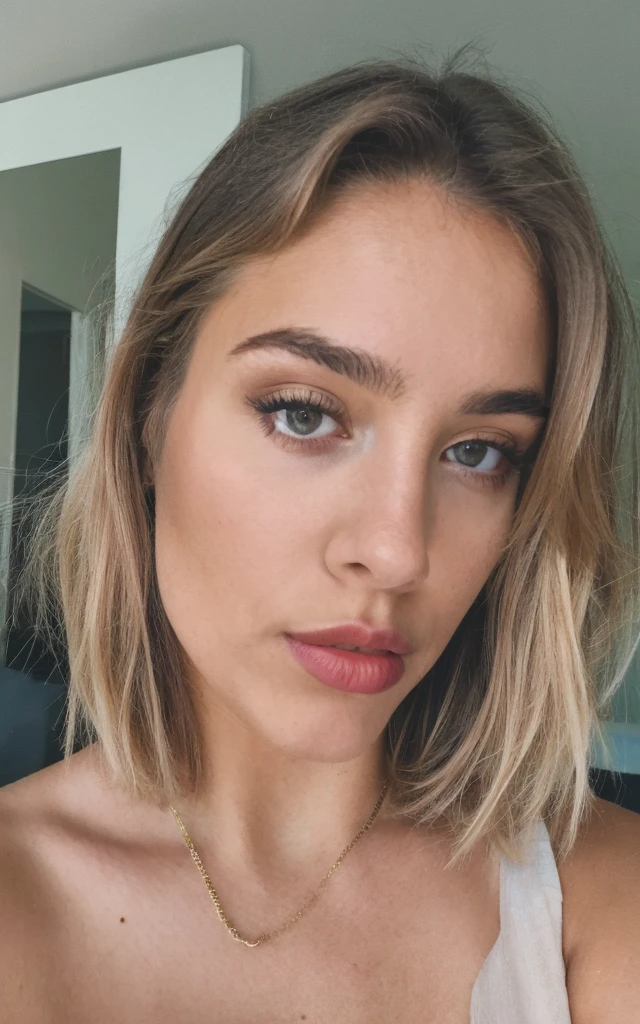 a beautiful 23-year-old woman, girl next door, mirror selfie, makeup, lips, blonde, messy hair, short hair, film grain, cleavage, retro, Porta 160 color, shot on ARRI ALEXA 65, sharp focus on subject, Fujifilm XT-3