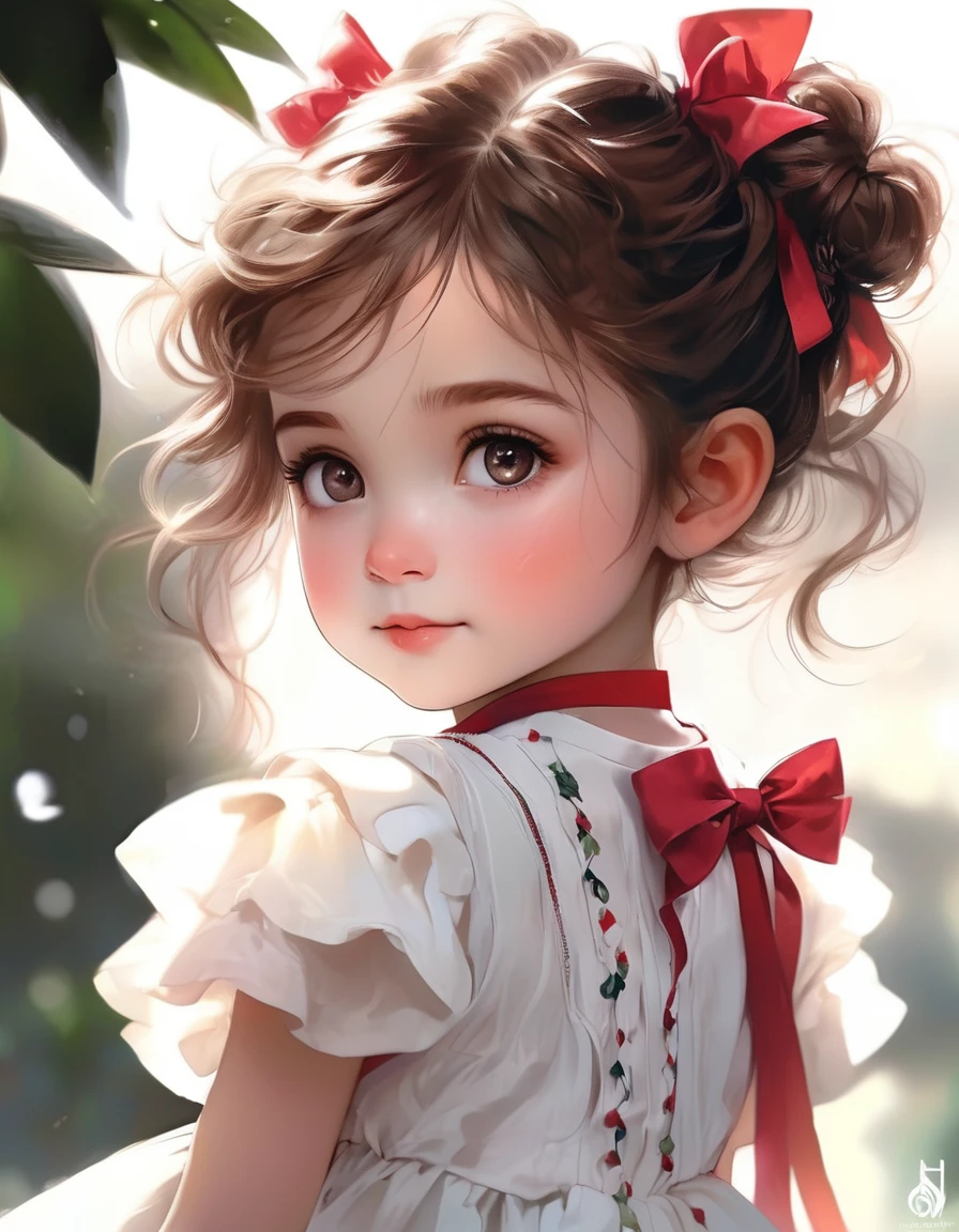 Red, green and black eyes, rutkowski repin, WLOP, Natural brown hair realistic , image, Bokeh, night, An incredibly beautiful happiness, anime style , Big, perfect eyes by Jean-Baptiste Monge ,Style kawaii realistic portrait, Her eyes are full of light, Smiled happily,light freckles pink and white ruffle dress and braided hair with ribbon stanley artgerm lau style, WLOP style, RossDraws Style, White background , (((Rich shadows))), WLOP, artgem , Art Station, CG Society, 8K Ultra HD, HDR, whole body,