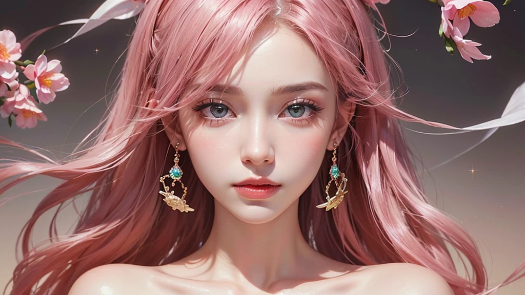 One girl, alone, flower畑, flower, (Official Art, unity 8k wallpaper, Super detailed, beautifully、aesthetic, masterpiece ,Highest quality:1.3), (Dynamic Angle:1.2), (Floating colorful sparkles:1) , elegant, Vibrant colors, Highly detailed face, Detailed eyes, Glowing Skin, Glossy Lips , Pale pink and pale orange background, Pink Hair,