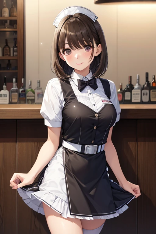 1girl, fern (sousou no frieren), solo,maid, maid headdress,  dark background,indoors,sit,drinking,bar,smile, open mouth,the upper part of the body,night,looking into the distance,depth of field,large breasts, mature female masterpiece, best quality, masterpiece <lora:Char-Fern:0.8>