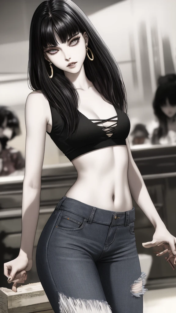 Ultra realistic, real girl, 16K, best quality, High resolution, hot atmosphere, dream atmosphere, 1 girl, tall, 18 years old, Long messy black hair, cute bangs over the forehead, evil eyes, sexy eyes look, skin being illuminated, realistic shading, pale-white skin, light-grey skin, Realistic textures, wearing alternative black outfit, earrings, fit slim tall body, big natural breasts, realistic slim hot body, tall and hot girl, seductive, sensual posture, big hips, thick legs, torn clothes, multiple sexy positions in different types of angles, blurred background, Depth, dream aesthetic, Atmosphere of dream, cinematic lighting.