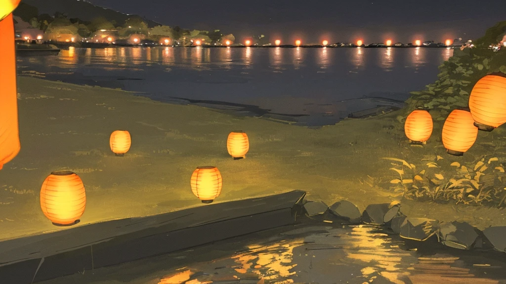 Local summer festival night、A fantastic light illuminates the surroundings、Ultra-high resolution、8k、16K、Japanese Summer Festivals、Return、A quiet and slightly lonely scene、Lanterns radiate a warm light in the night sky.、Evokes the bittersweet feeling of a late summer night,Riverside scenery、Back view of a yukata