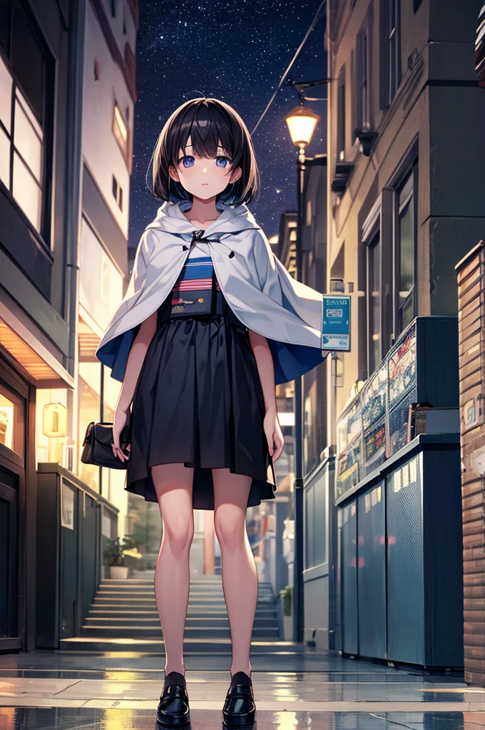 Night Sky, city, One girl, Are standing, alone, whole body, , Maribe, puffy short sleeve, Cape, bag