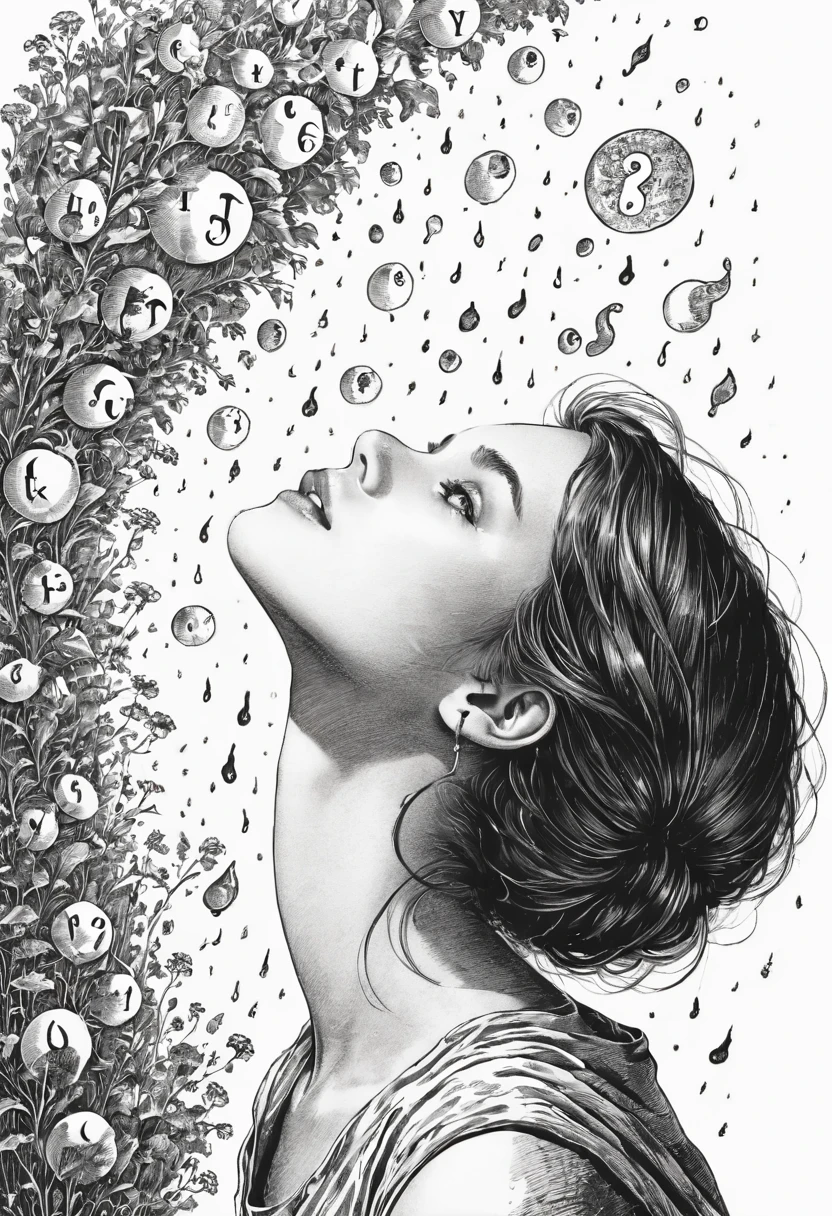 punctuation_9, punctuation_8_High above, punctuation_7_High above, punctuation_6_High above, outline, sp1t, monochrome, Hyper-detailed hatching, monochrome,best qualityer, high resolution, clean background, hight contrast, 1 girl, monochrome, hyper-detailed hatch shading, High abovepert body outline