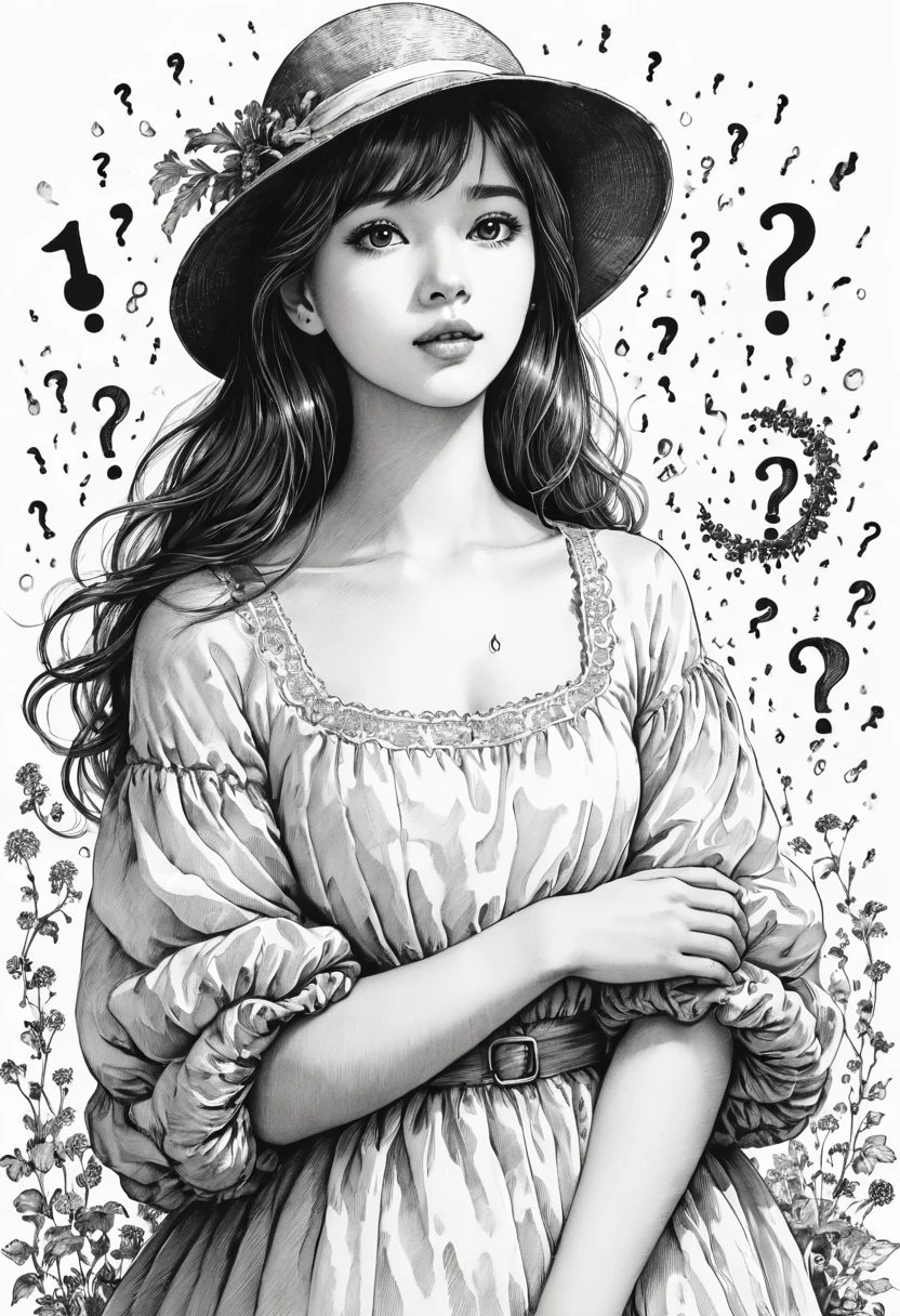 punctuation_9, punctuation_8_High above, punctuation_7_High above, punctuation_6_High above, outline, sp1t, monochrome, Hyper-detailed hatching, monochrome,best qualityer, high resolution, clean background, hight contrast, 1 girl, monochrome, hyper-detailed hatch shading, High abovepert body outline
