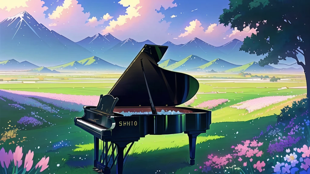 There is a piano in a field with flowers and mountains in the background, Official Artwork, ( ( Makoto Shinkai ) ), Lofi Artstyle, Atei Gailan Style, Full Piano, Beautiful peaceful scene in anime, Official Fan Art, Lofi Art, lofi album art, studio glibly Makoto Shinkai, Official Art