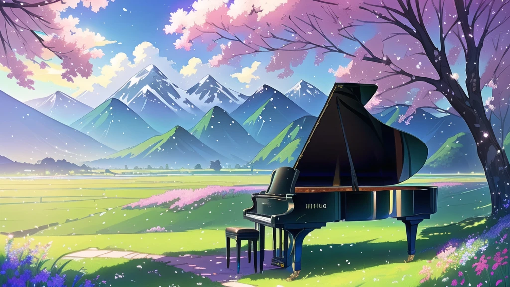 There is a piano in a field with flowers and mountains in the background, Official Artwork, ( ( Makoto Shinkai ) ), Lofi Artstyle, Atei Gailan Style, Full Piano, Beautiful peaceful scene in anime, Official Fan Art, Lofi Art, lofi album art, studio glibly Makoto Shinkai, Official Art