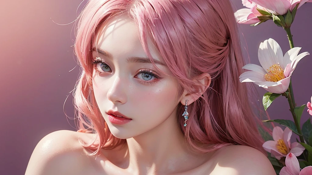 One girl, alone, flower畑, flower, (Official Art, unity 8k wallpaper, Super detailed, beautifully、aesthetic, masterpiece ,Highest quality:1.3), (Dynamic Angle:1.2), (Floating colorful sparkles:1) , elegant, Vibrant colors, Highly detailed face, Detailed eyes, Glowing Skin, Glossy Lips , Pale pink and pale orange background, Pink Hair,