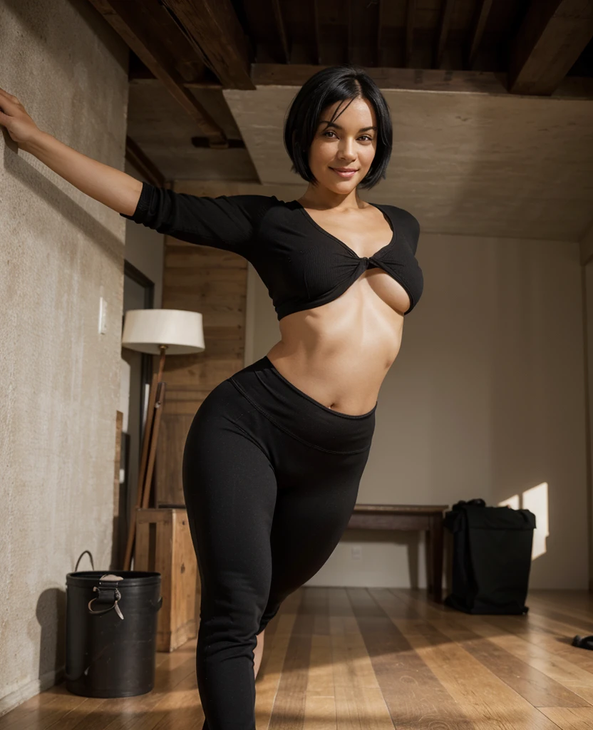 real photo, high resolution, solo, 1 woman, sexy face, black bob hair, warm smile, standing split yoga pants