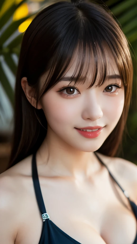 8k,Highest quality,(masterpiece:1.2),(Realistic),(Realistic:1.37),Ultra-high resolution,1 high school girl,smile,((Big Breasts)),Beautiful Eyes,(((Cute Bikini))),Tropical Beach,Perfect body,Perfect Fingers,Professional Lighting,gravure,Detailed face and skin texture,fine grain,RAW Photos