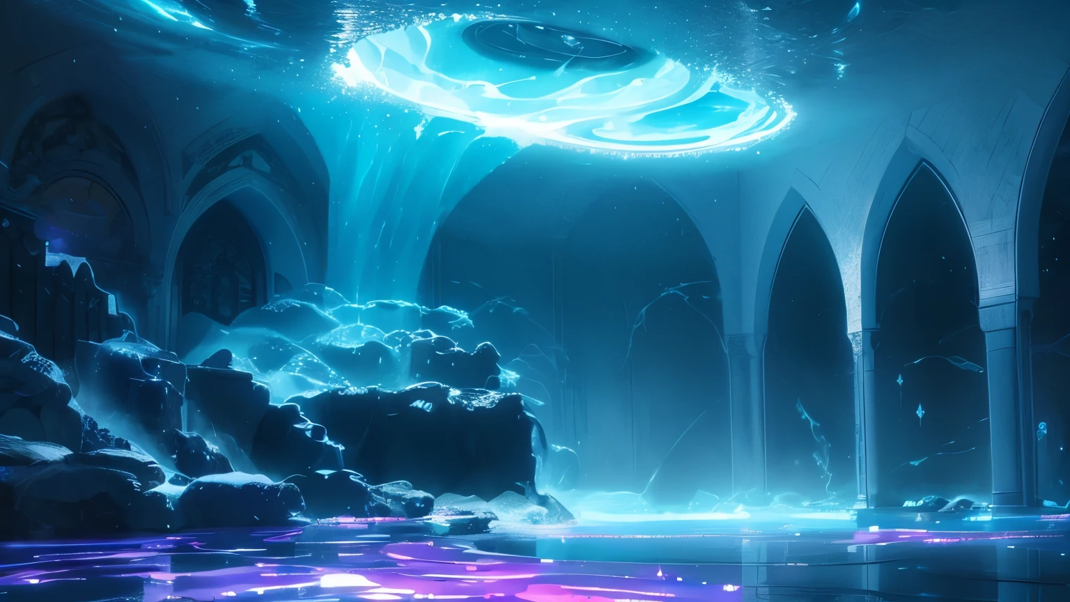 Ethereal bath scene, swirling energy, Epsom salt crystals, glowing aura, mystical atmosphere, vibrant colors, detailed water ripples, soft lighting, photorealistic style