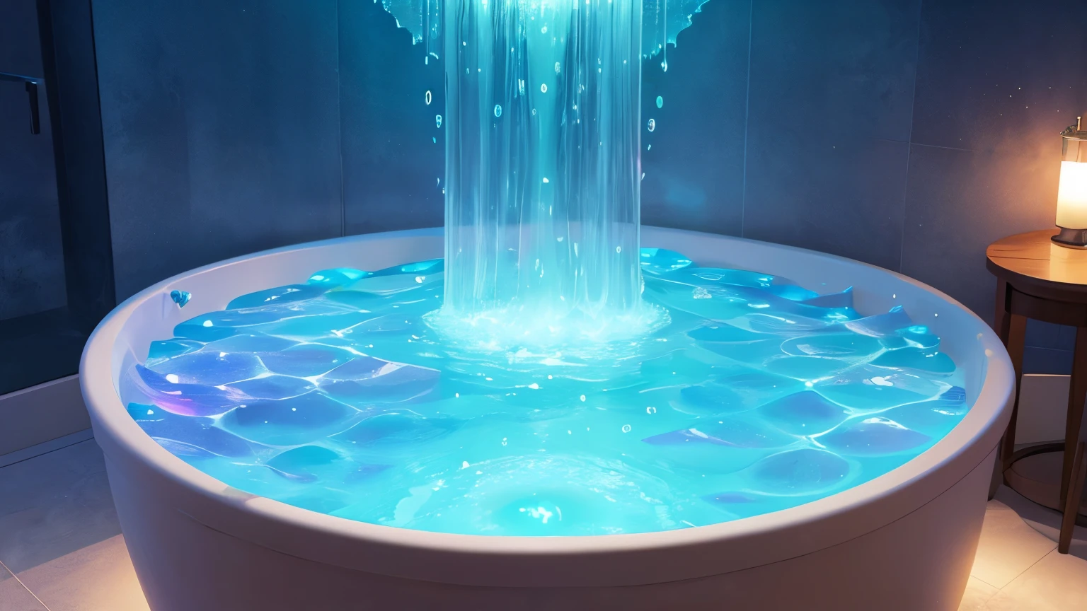 Ethereal bath scene, swirling energy, Epsom salt crystals, glowing aura, mystical atmosphere, vibrant colors, detailed water ripples, soft lighting, photorealistic style