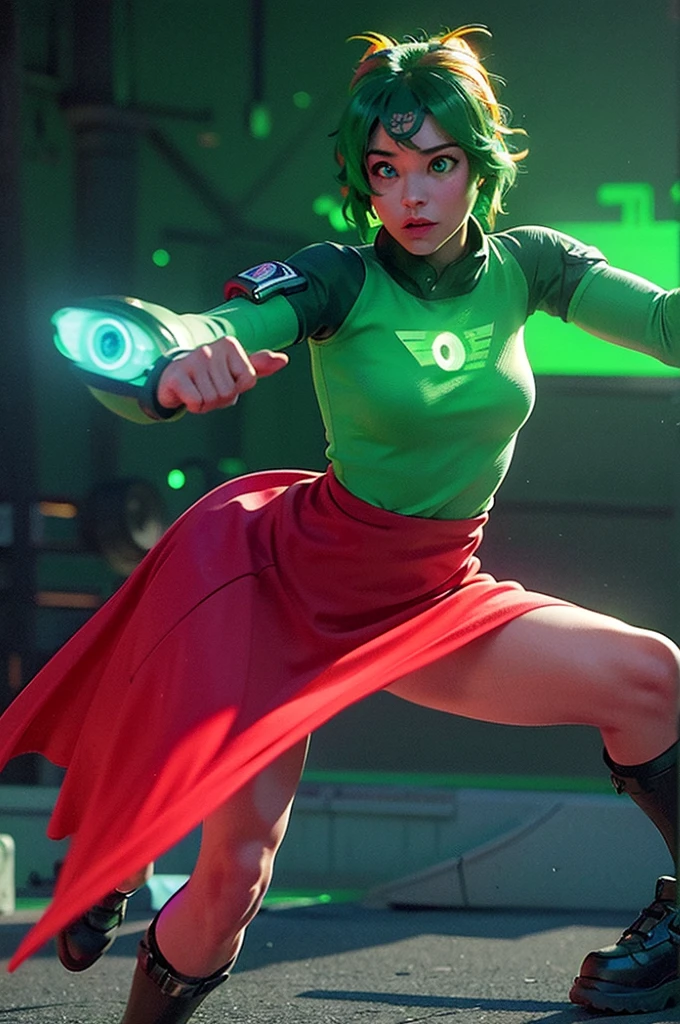 High definition, glowing neon background lights, glowing fox,  ((Glowing green eyes))), ((mad)), (((Fighting pose))),realistic, realism, photorealism, photo-realistic, high contrast, (photorealistic:1.4), 8k high definition detailed realistic, (best quality, masterpiece:1.2),  photon mapping, radiosity, physically-based rendering, best quality, highly detailed, 1girl,  owkiriko, green hair:0.6, looks at the viewer, red dress, ((glowing eyes)),